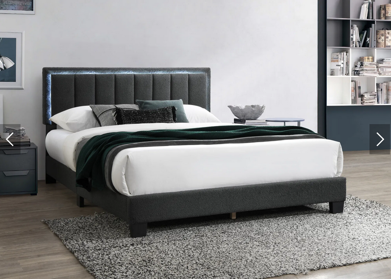 Luminous Charcoal Bed with Channel Tufting & Illuminated Headboard